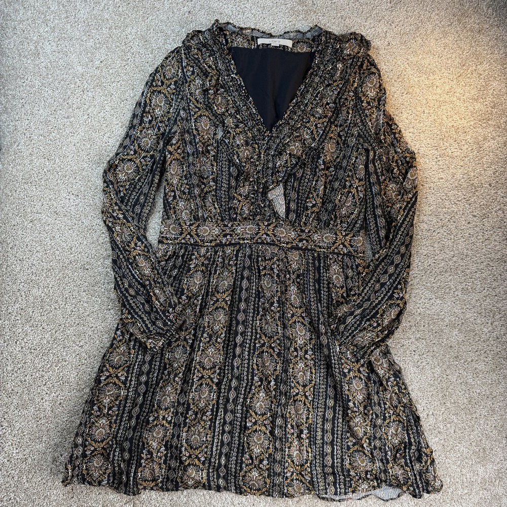 LOFT Dress Womens 6 Black Floral Long Sleeve V-Neck Ruffle Boho Fit & Flare